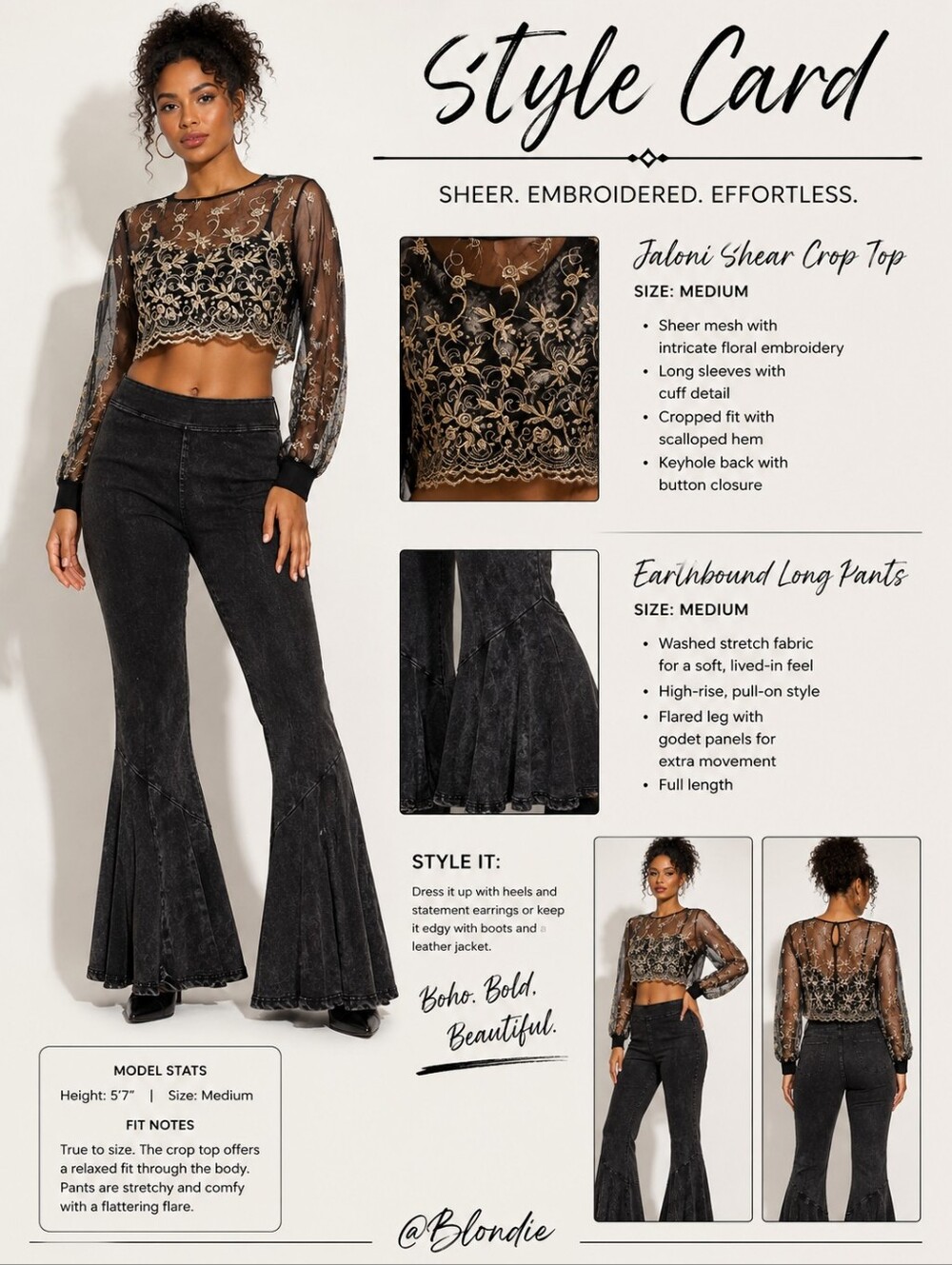 Jaloni Vintage Sheer Black Crop Top W/ Cream Colored Stitched Embroidery (Only)